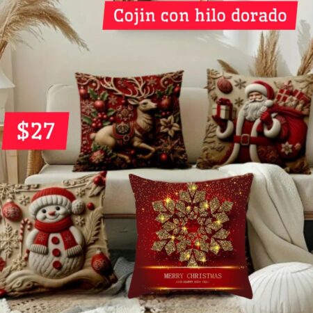 FUNDA DE COJIN NAVIDEÑO CON HILO DORADO